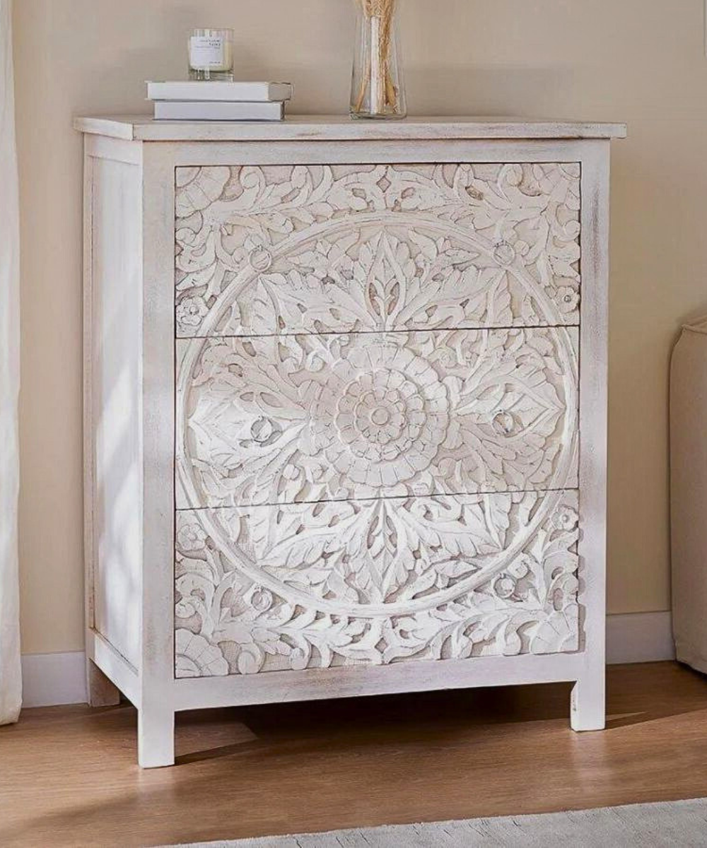 Niktan Export Floral Hand Carved Wood White Chest of Drawers – 3 Spacious Drawers