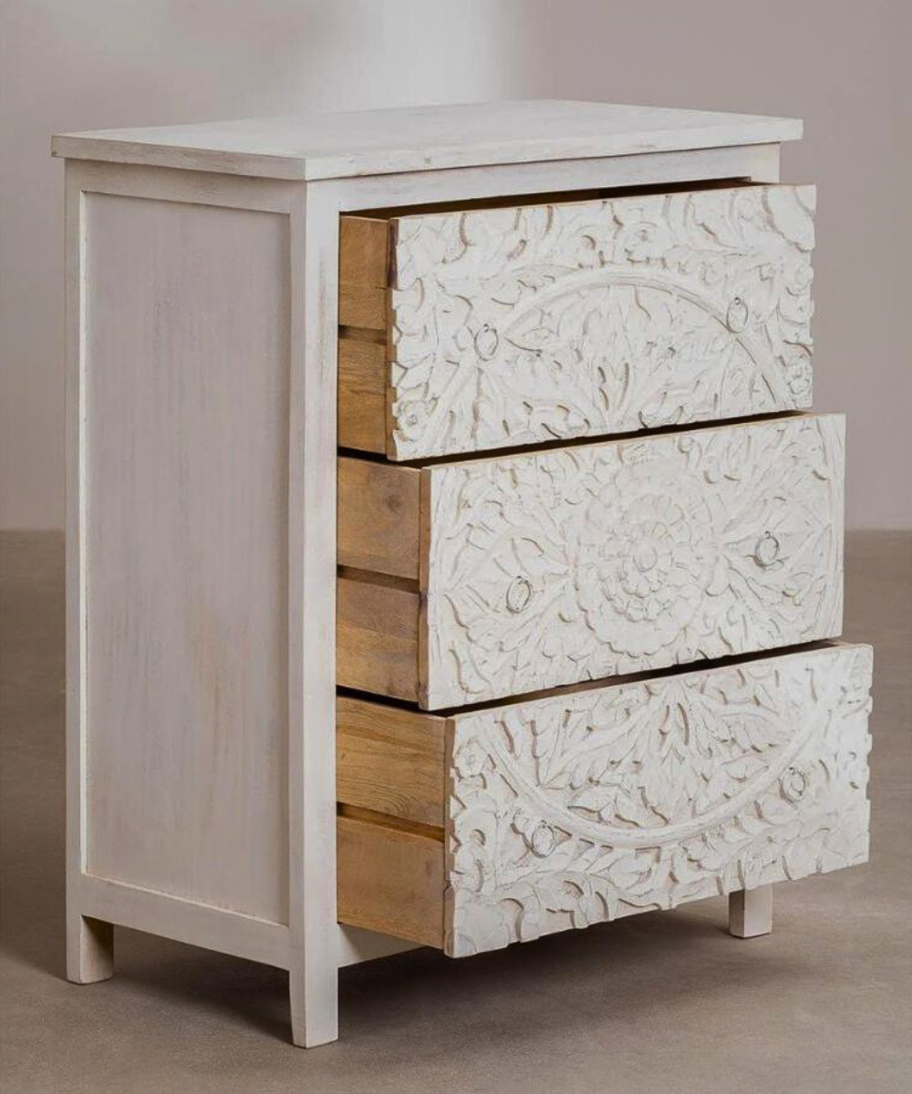 Niktan Export Floral Hand Carved Wood White Chest of Drawers – 3 Spacious Drawers