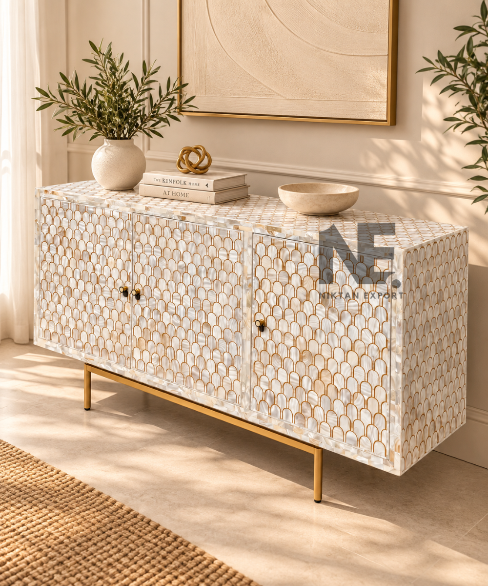 Mother of Pearl 3-Door Sideboard – Scallop Inlay Cabinet