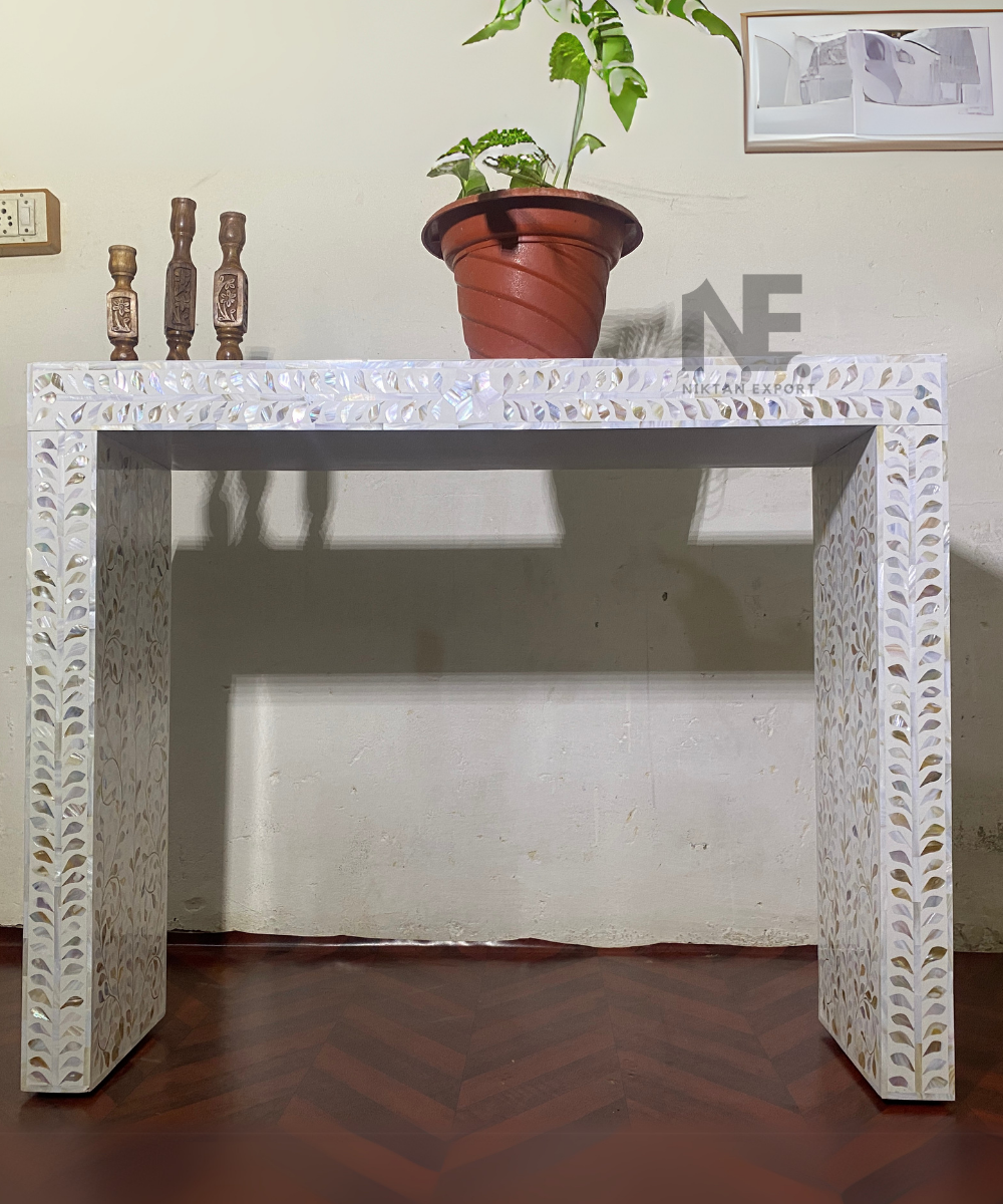 White floral Mother of Pearl console table front view