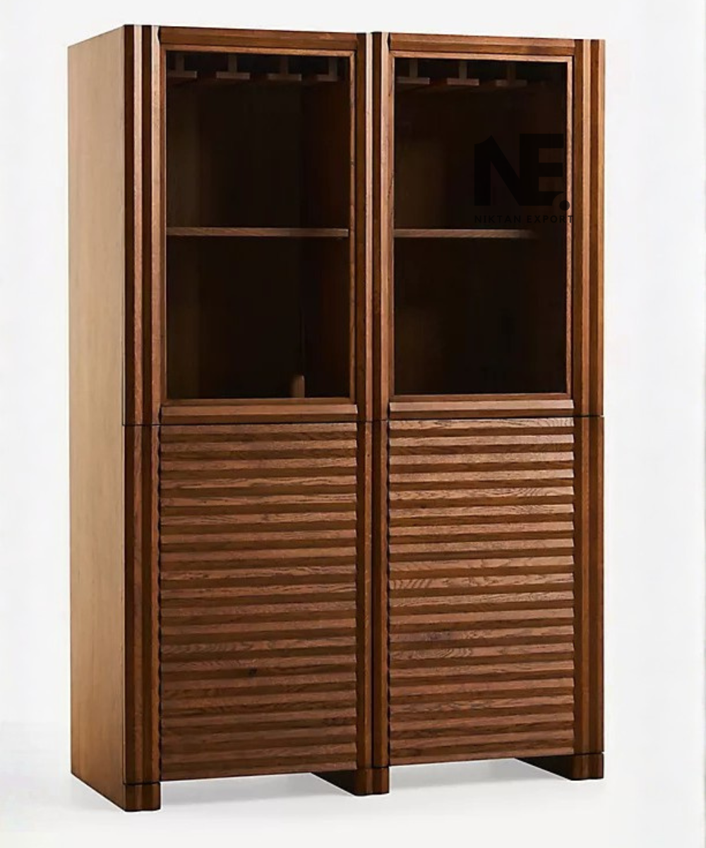 Wooden display cabinet with two illuminated upper sections