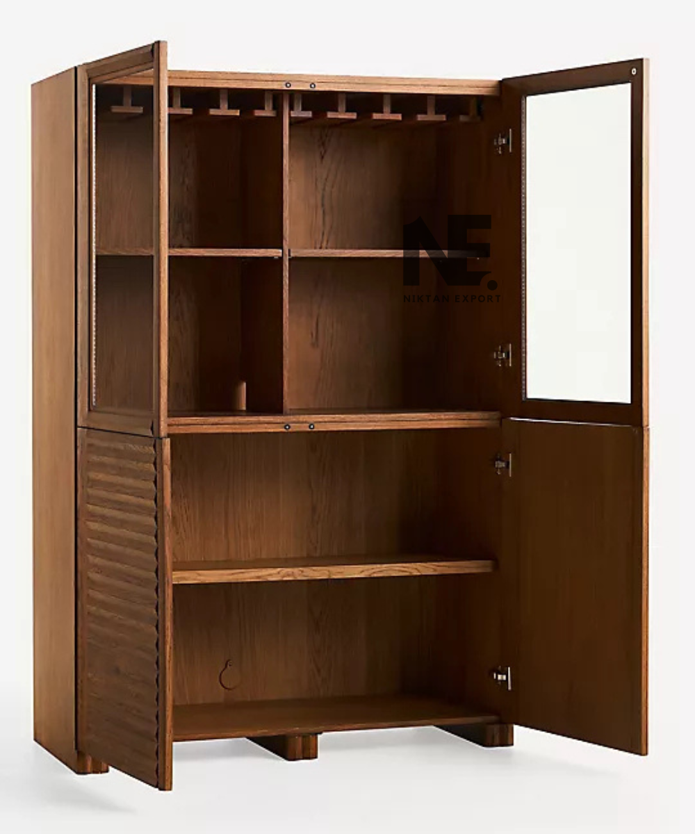 Walnut cabinet with open shelves and lower storage doors