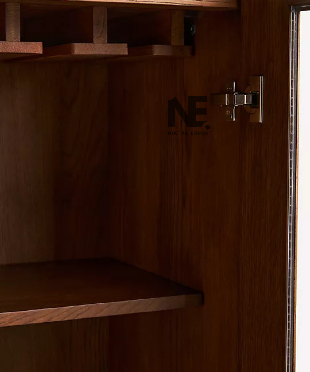 Tall wooden cabinet with warm interior display lights