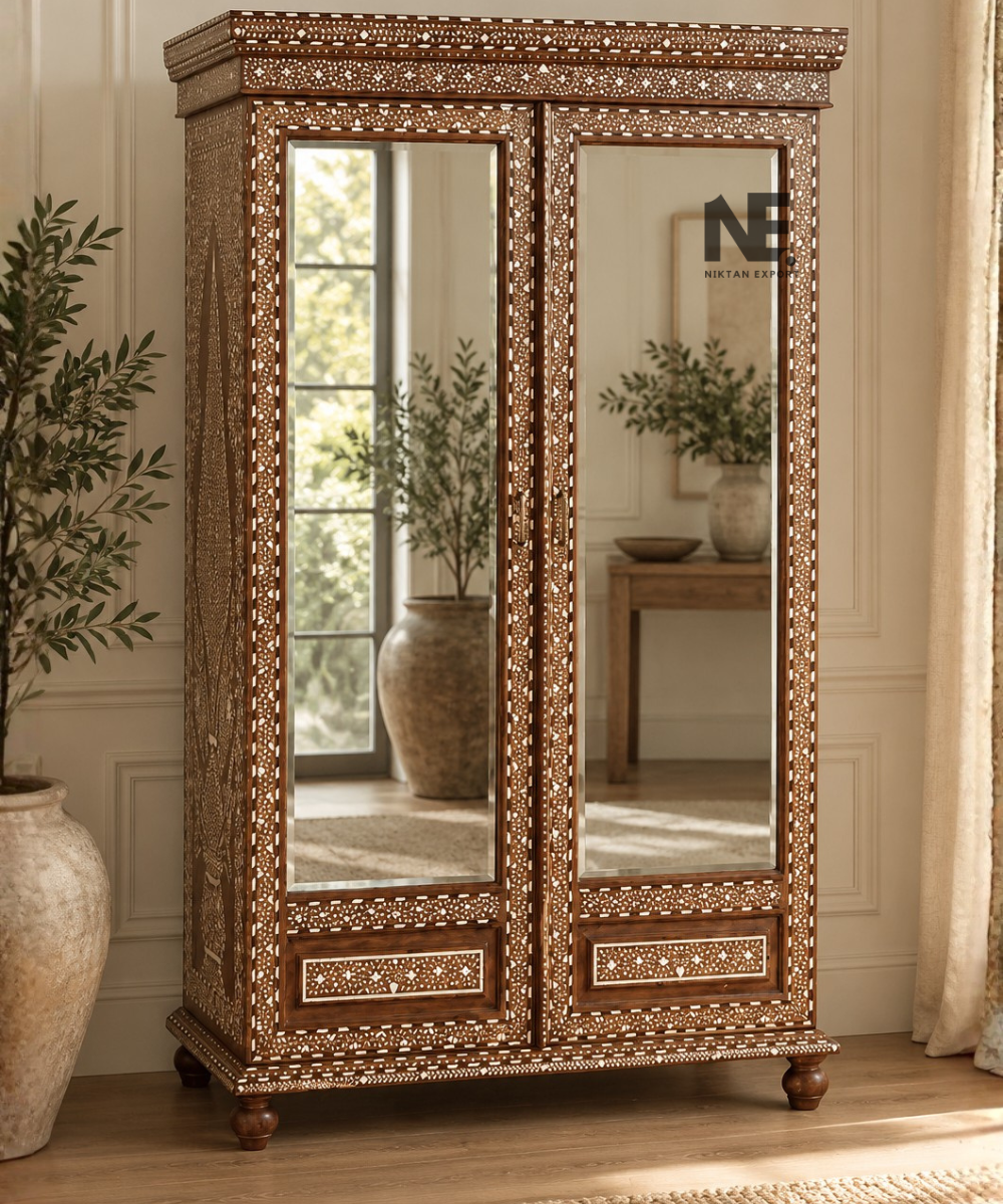 Front view of brown wooden mirrored wardrobe with decorative inlay