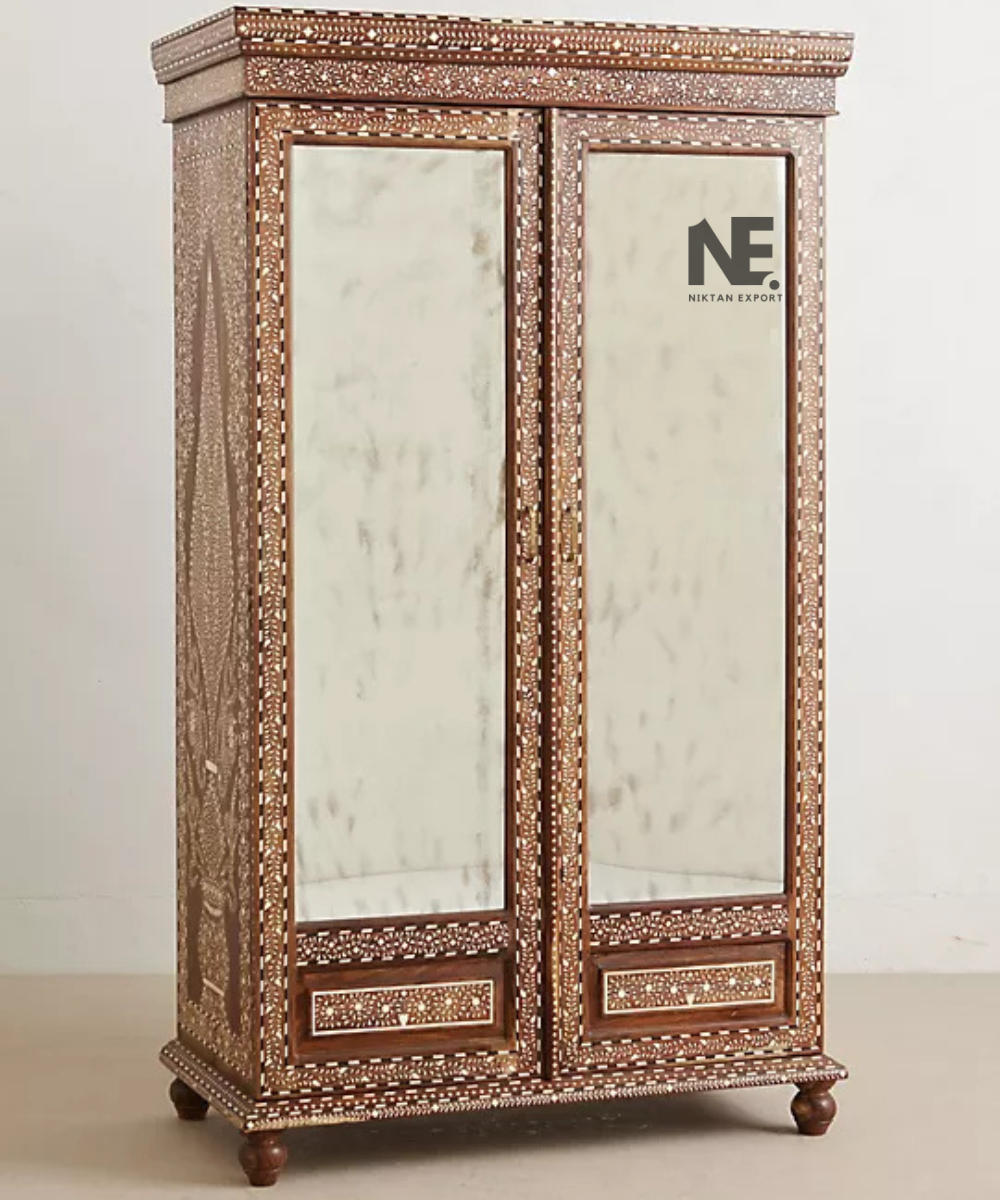 Traditional wooden armoire with ivory-toned inlay patterns