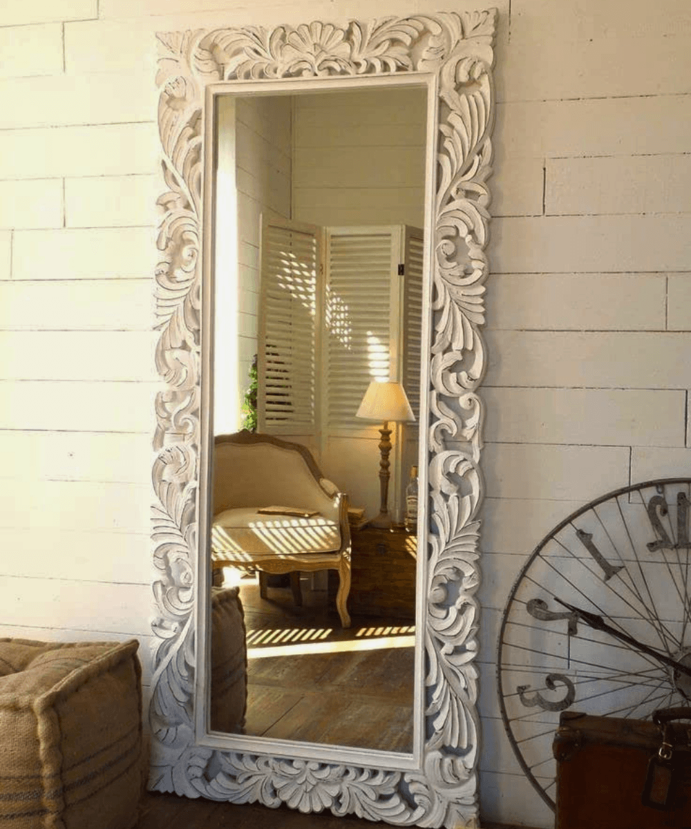 Niktan Export Handcrafted White Distressed Wooden Mirror Frame - NikTan Export
Full view of the Wooden Carved Mirror Frame in white distressed finish