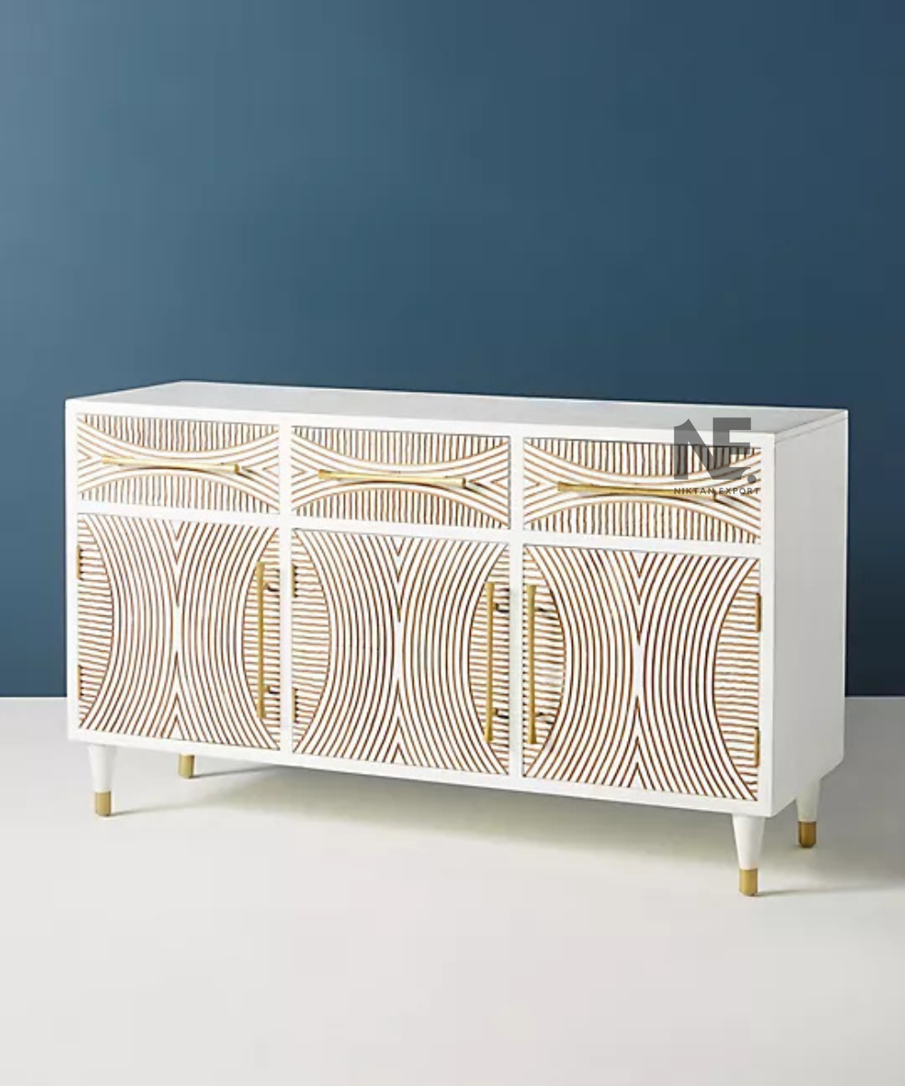 Front view of white sideboard with gold geometric detailing