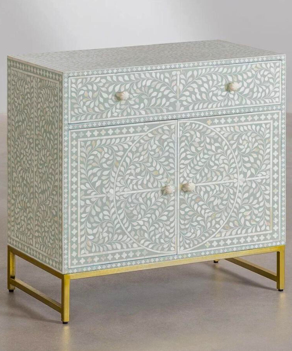 Handcrafted Bone Inlay Cabinet with Drawers