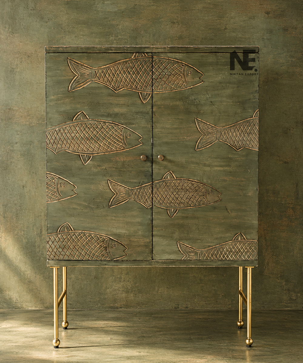 Distressed green wooden cabinet with antique gold fish motif
