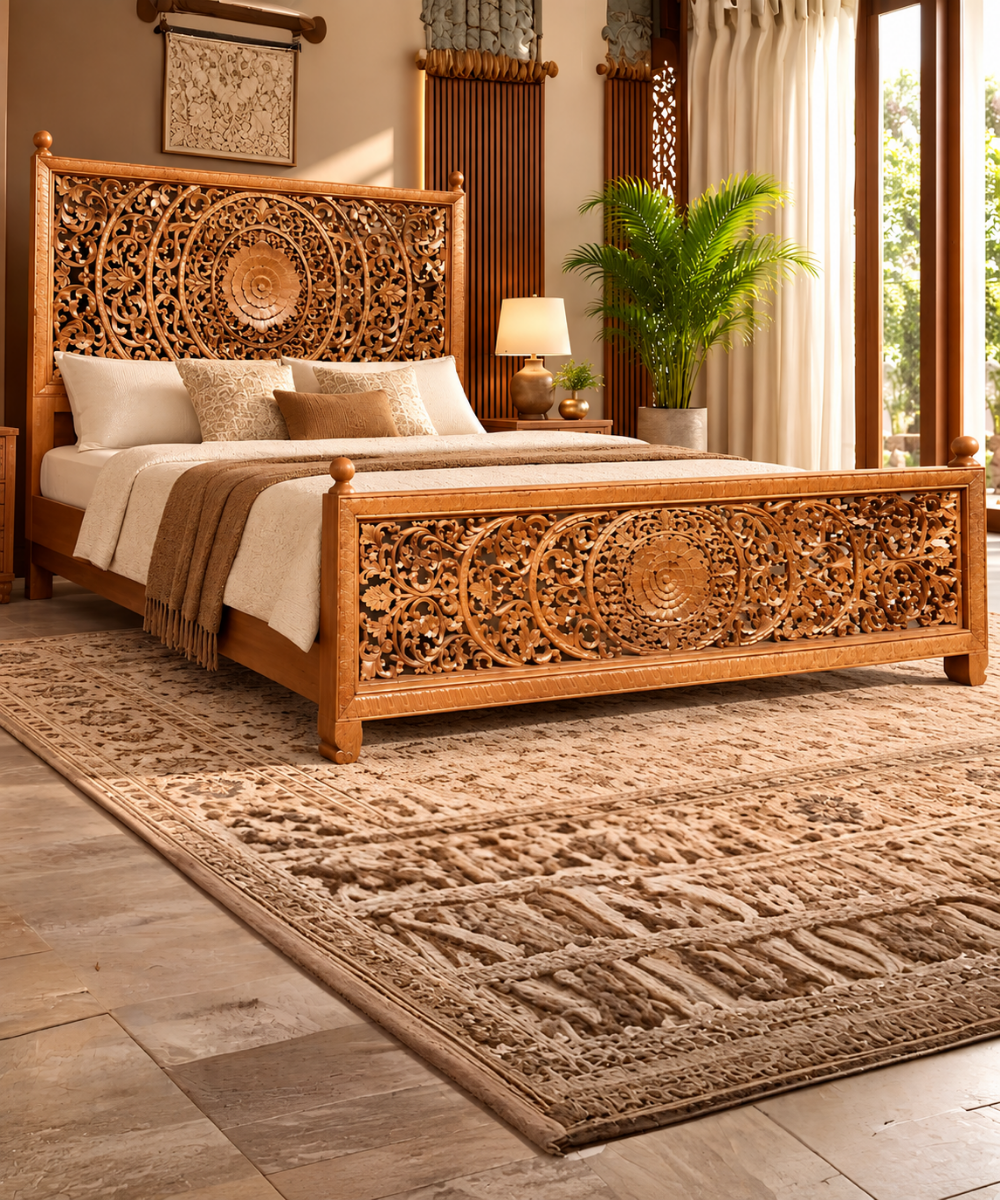 Hand-Carved Wooden King Bed Ornate Floral Headboard & Footboard