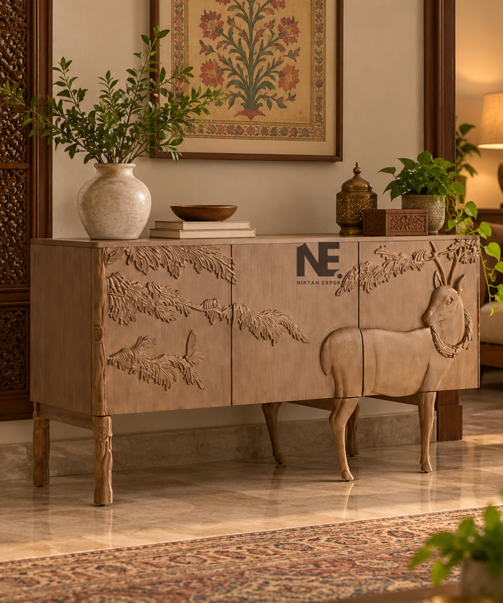 Hand-Carved Wooden Deer Sideboard with Nature-Inspired Relief