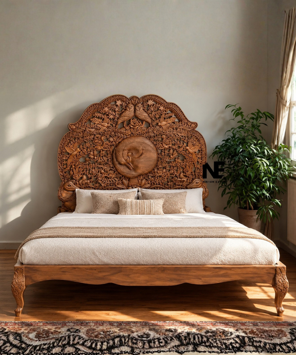 Hand-carved solid wood wildlife bed