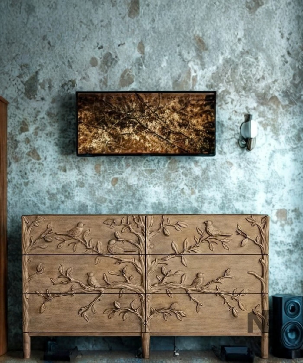 Hand-Carved Bird Dresser 6-Drawer Wooden Chest