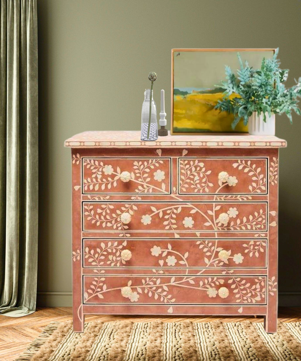 Rose Pink Bone Inlay Chest with 5 Drawers – front view