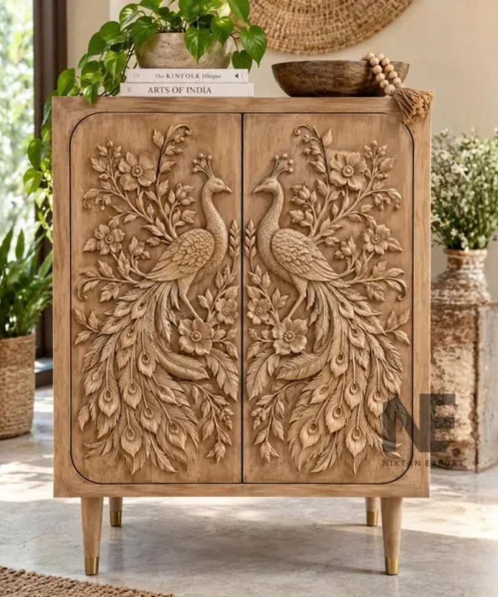 Hand-carved peacock mango wood cabinet