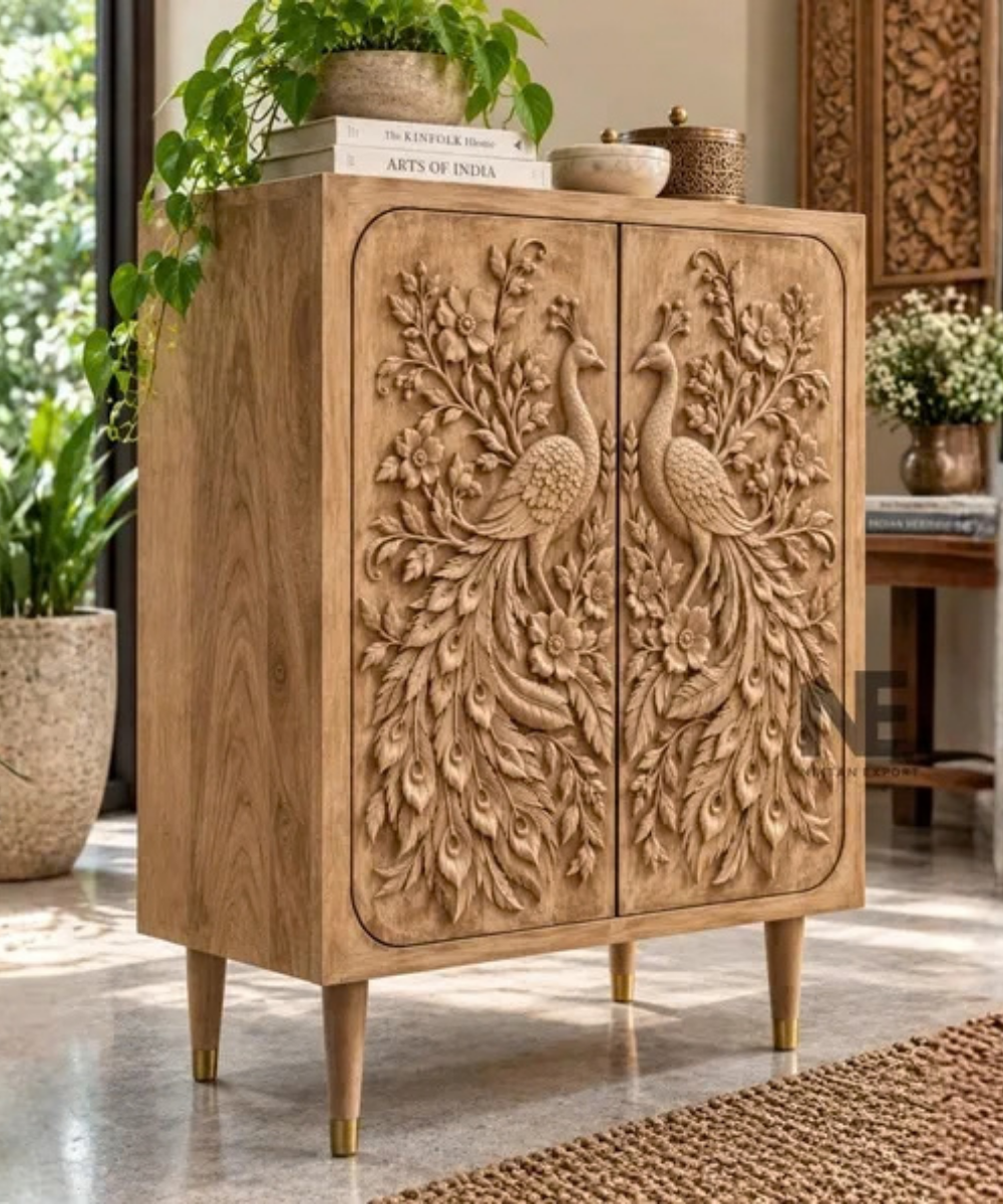 Hand-carved peacock storage cabinet