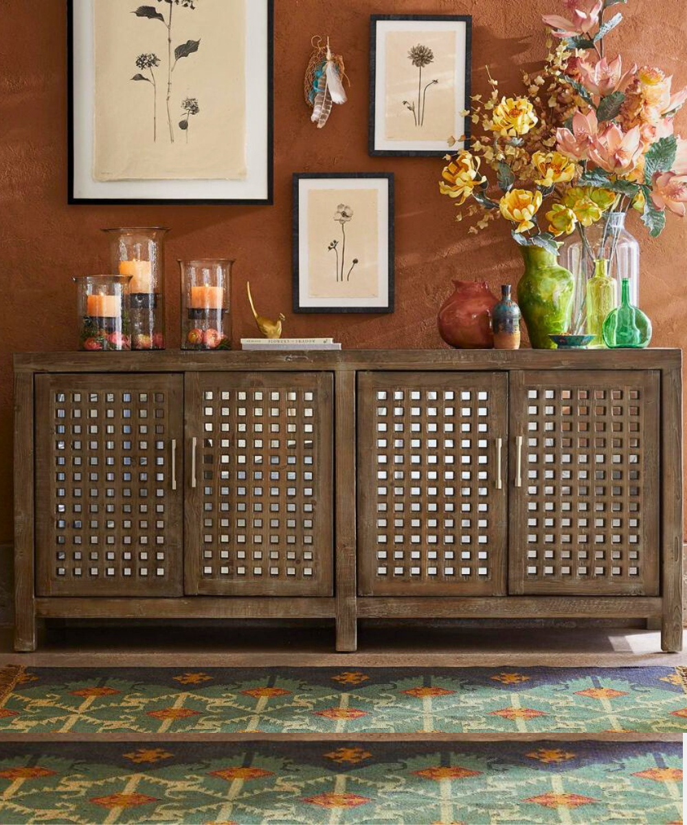 Reclaimed Solid Wood Sideboard with Checkered Mirrored Doors