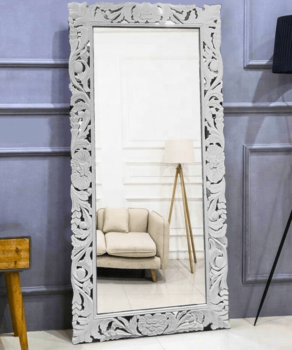 Niktan Export Handcrafted Wooden Mirror Frame Distressed Finish - NikTan Export
Full view of wooden carved mirror frame in light gray distressed finish