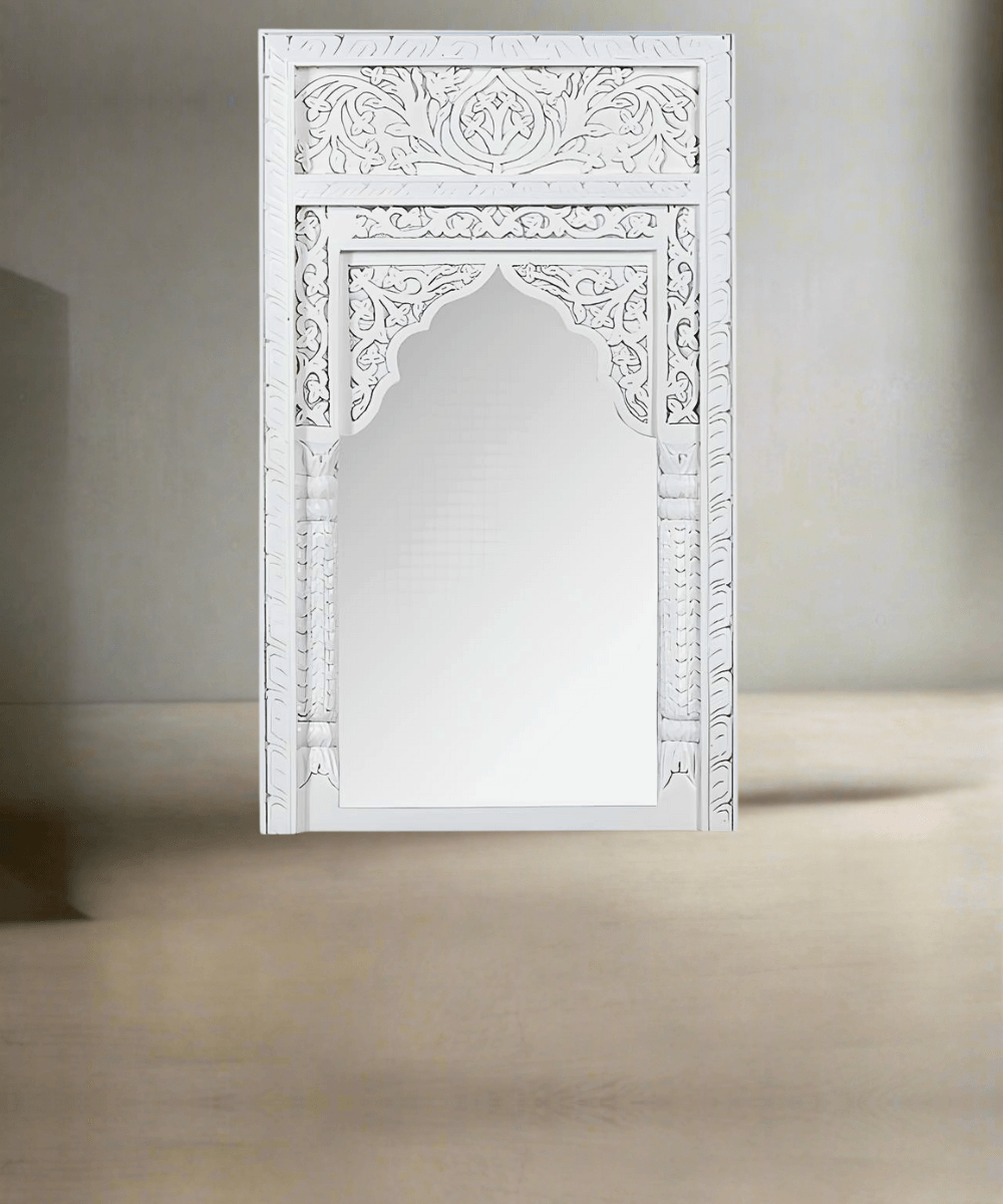 Close-up of arch design with rustic white finish