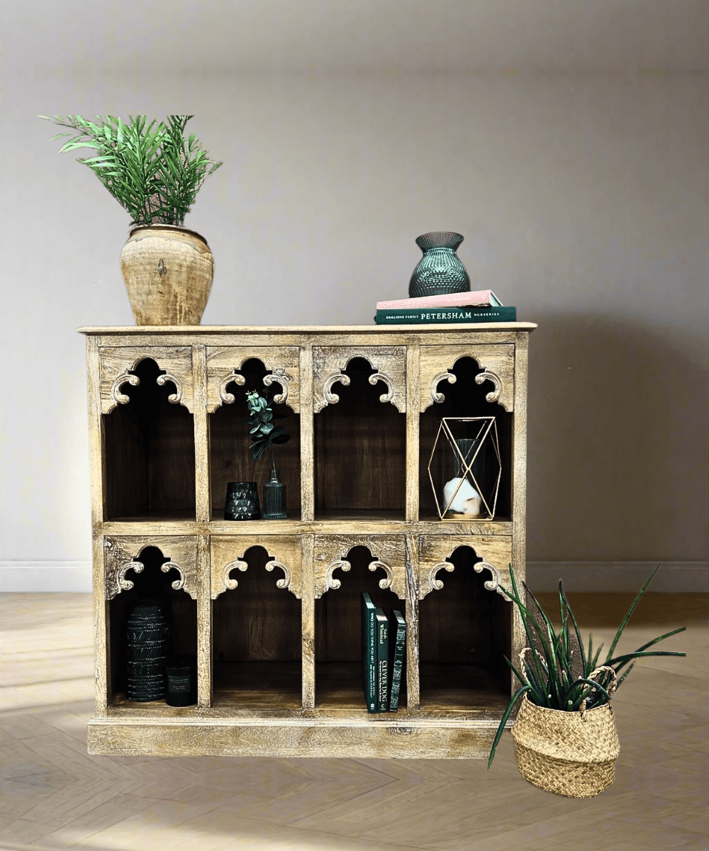 Hand-Carved Bookshelf with Indian-Inspired Cubby Holes