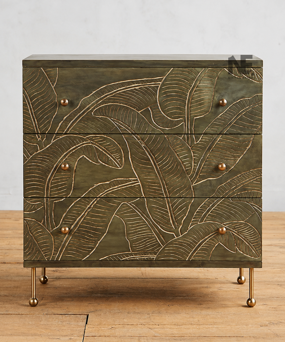 Olive green hand-carved chest of drawers with tropical leaf design