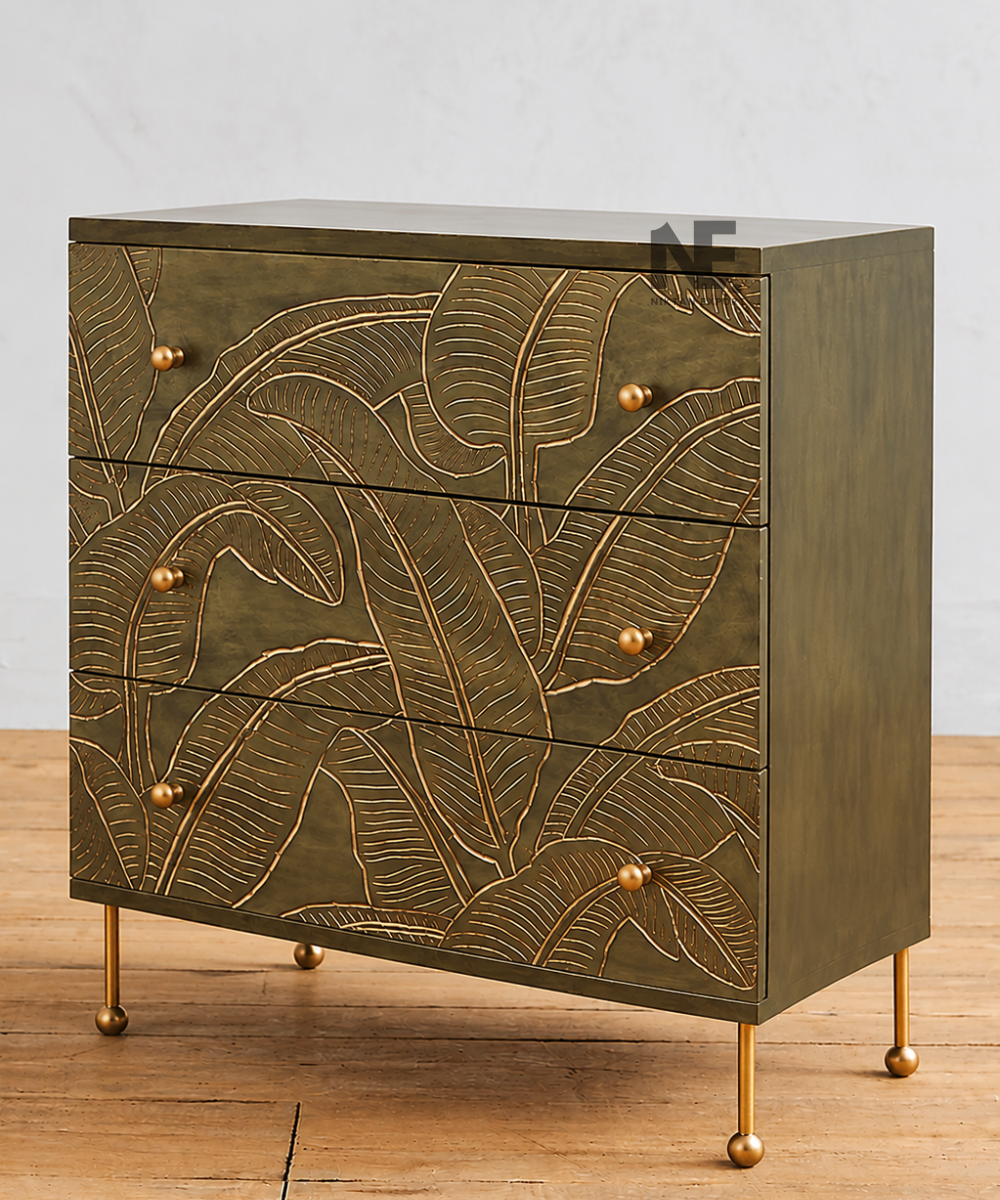 Hand-carved leaf pattern on olive green drawer fronts