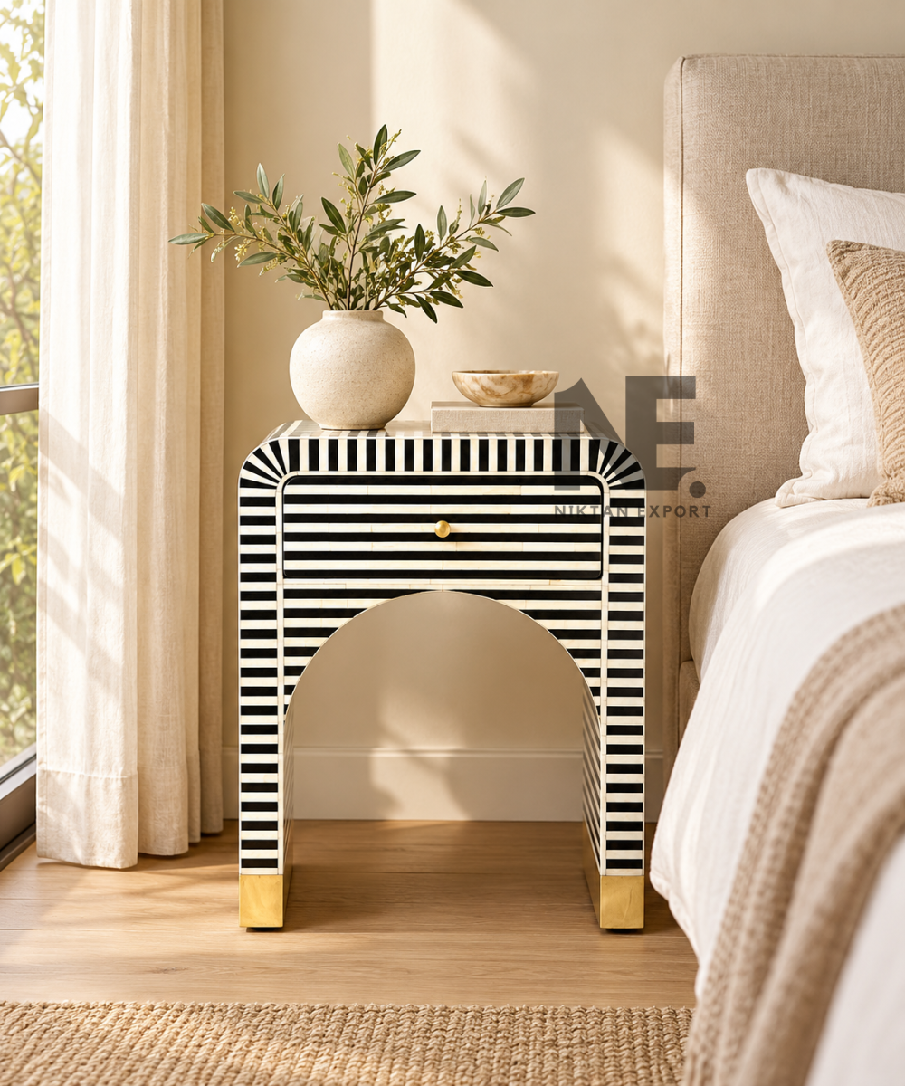 Bone Inlay Bedside Table Striped Design with Gold Accents