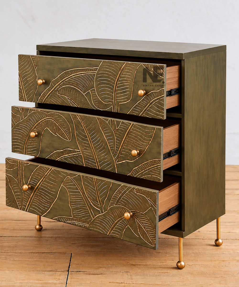Olive green chest of drawers with brass-tone round knobs