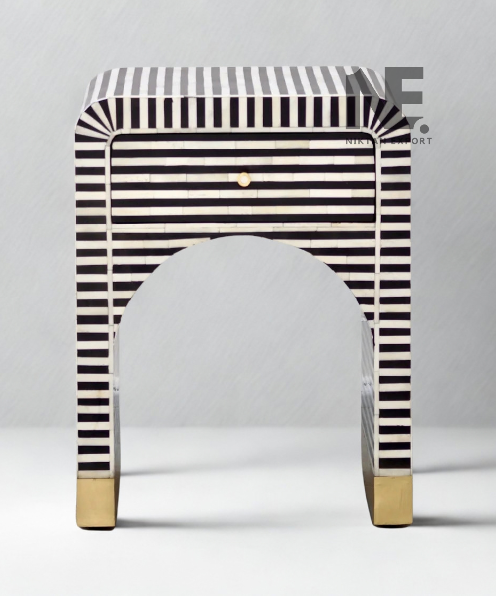 Bone Inlay Bedside Table Striped Design with Gold Accents
