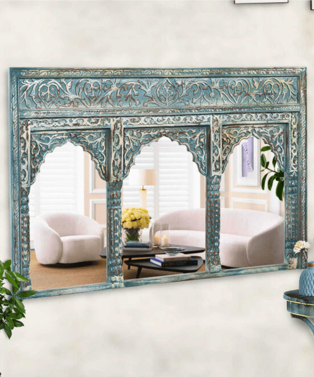 Niktan Export Rustic Distress Wooden Mirror Frame Wall Mounted - NikTan Export
Full view of distressed wooden mirror frame in rustic setting