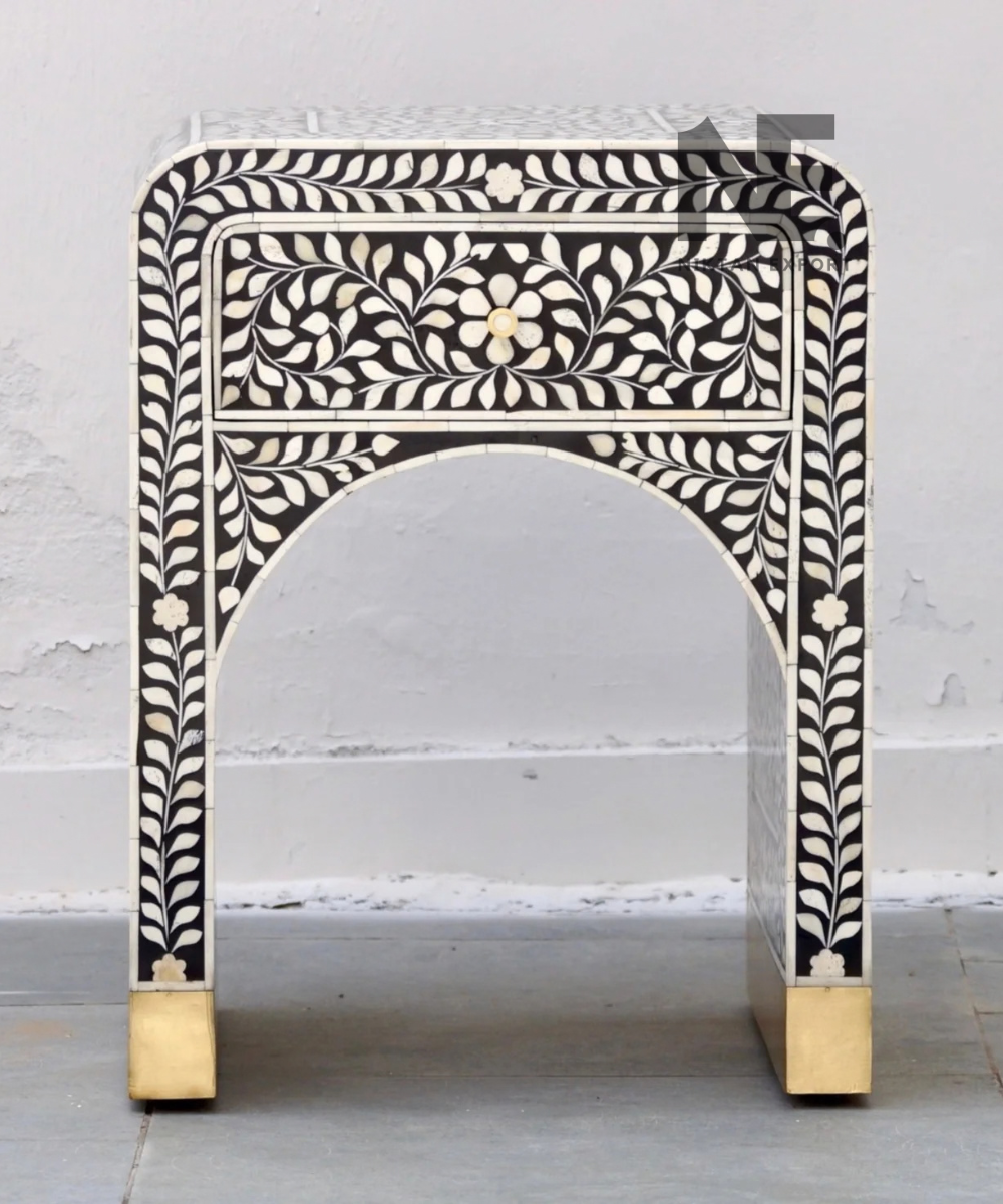Black and ivory floral bedside table front view