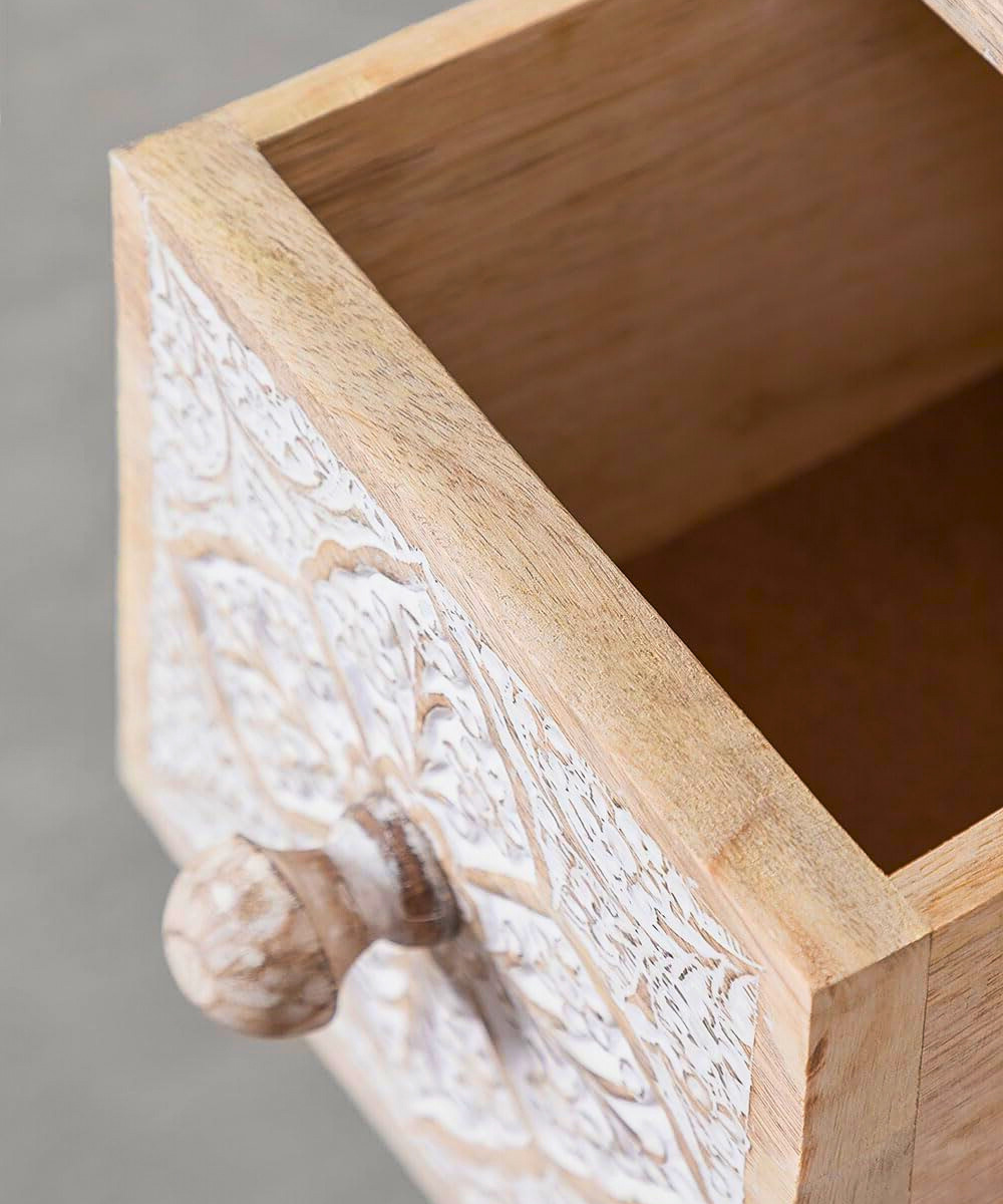 Boho-style wooden drawers for bedroom storage