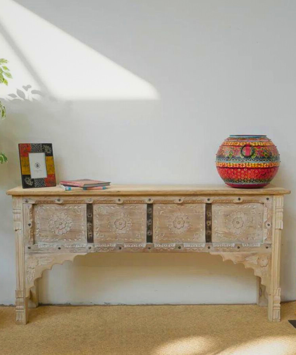 Hand-carved white distress console table with floral detailing