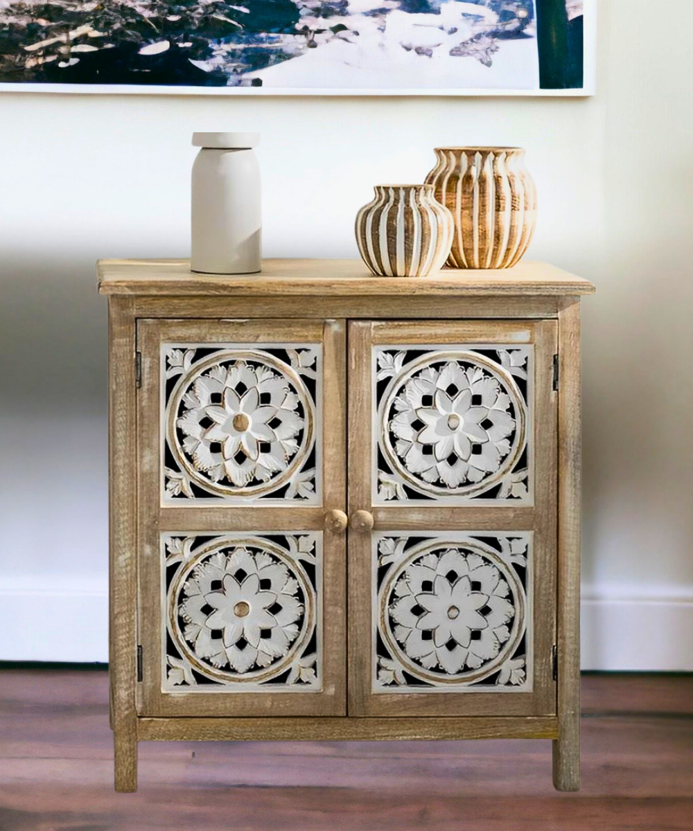 Handcrafted vintage white mango wood sideboard cabinet