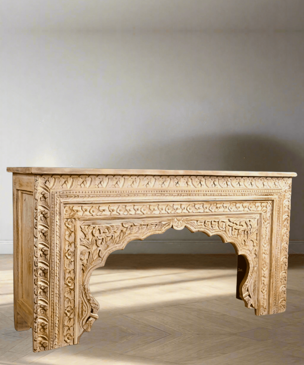 Side View of Wooden Console Table in Cream Distress