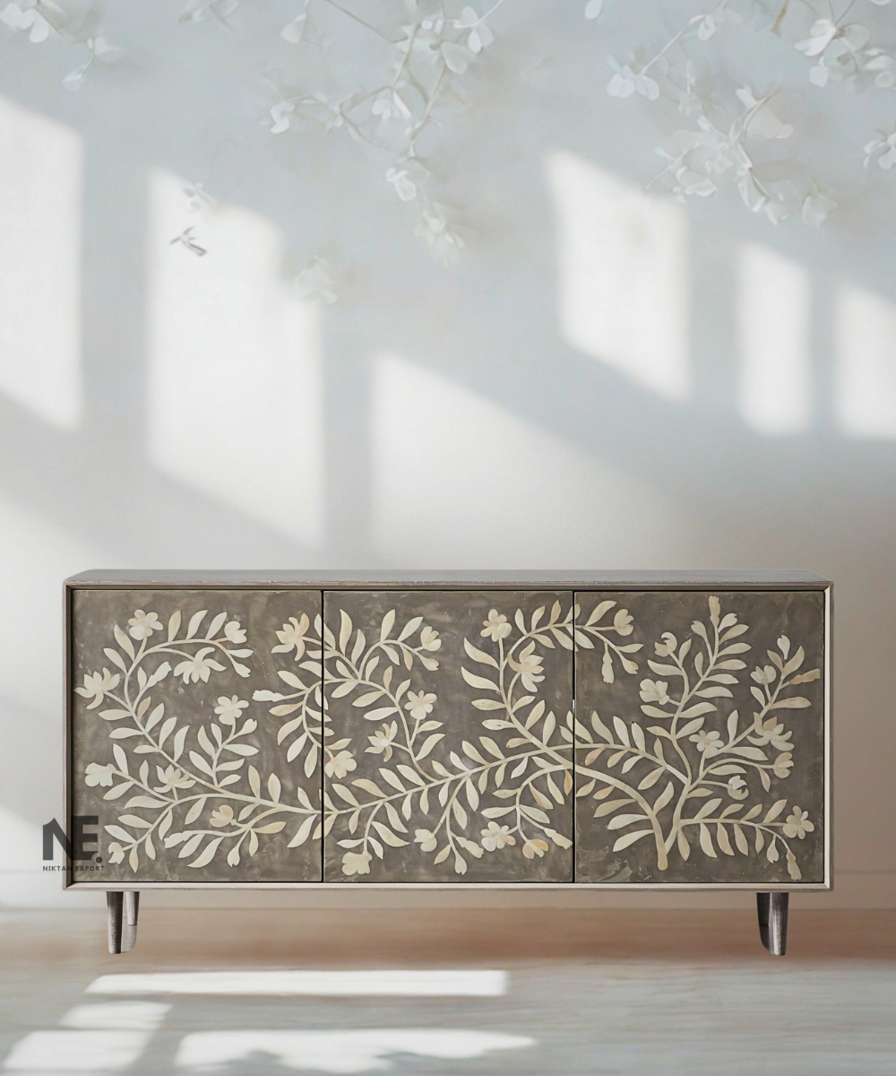 Front view of grey bone inlay media console with floral design