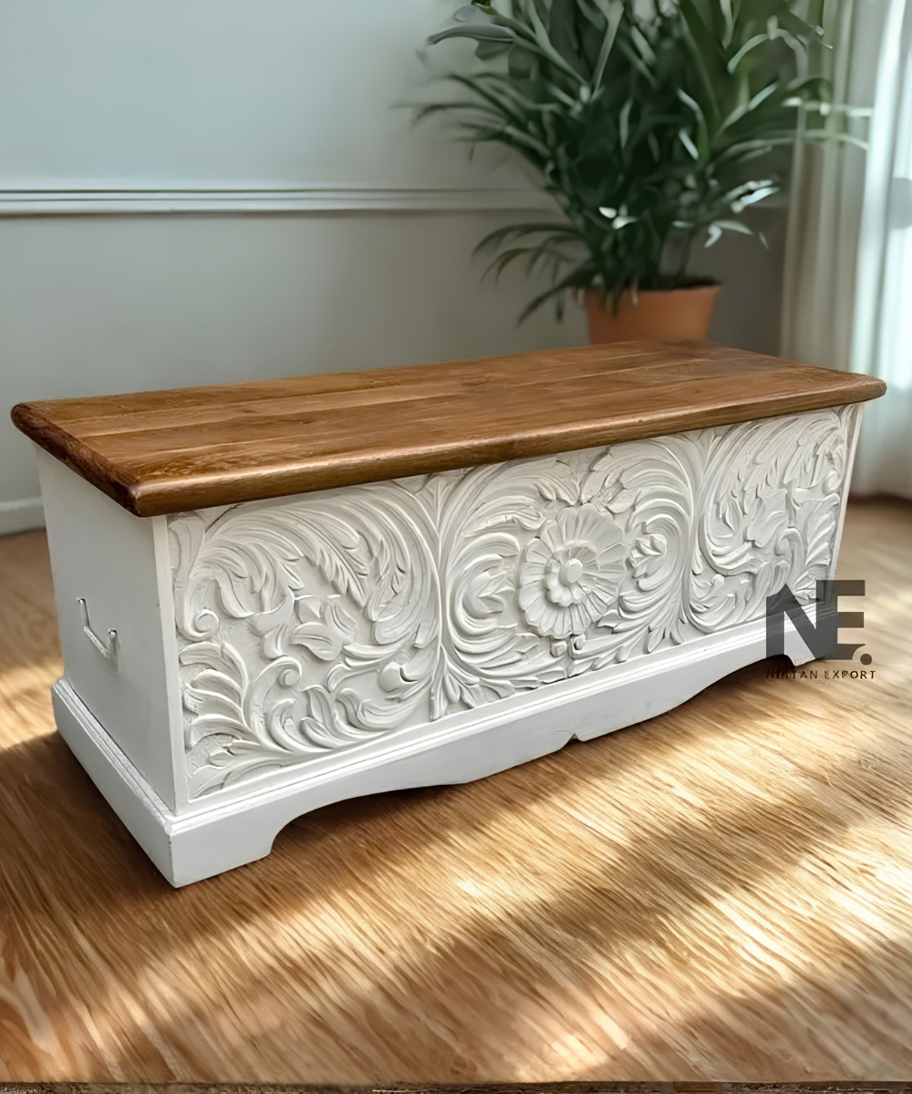 Hand-carved mango wood bench and table set