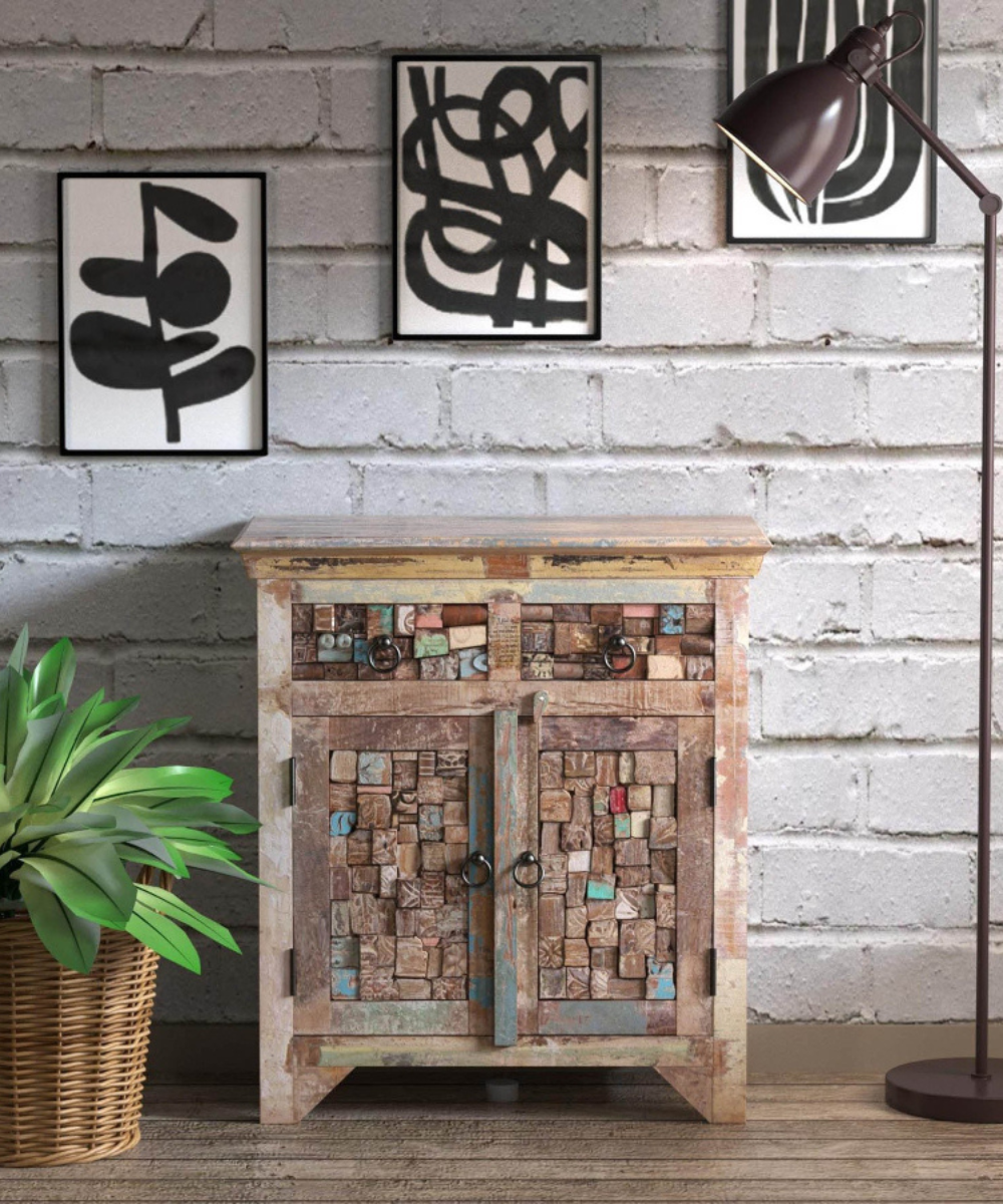 Front view of solid wood cabinet in distress finish