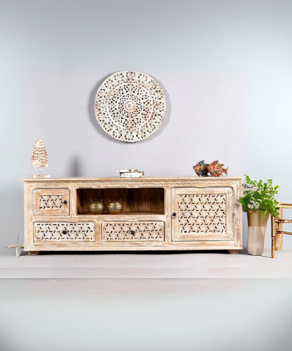Full front view of distressed white mango wood TV unit