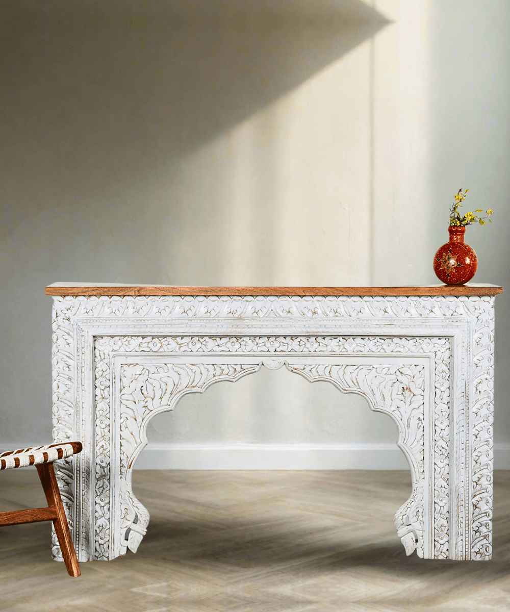 Niktan Export Handcrafted Wooden Console Table with Distressed White Finish - NikTan Export
Wooden Carved Console Table in White Distress – Front View