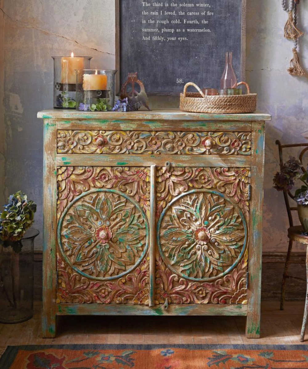 Front view of hand-carved multicolored mango wood sideboard
