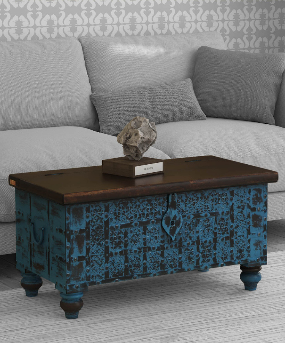 Front view of solid wood trunk in distressed blue