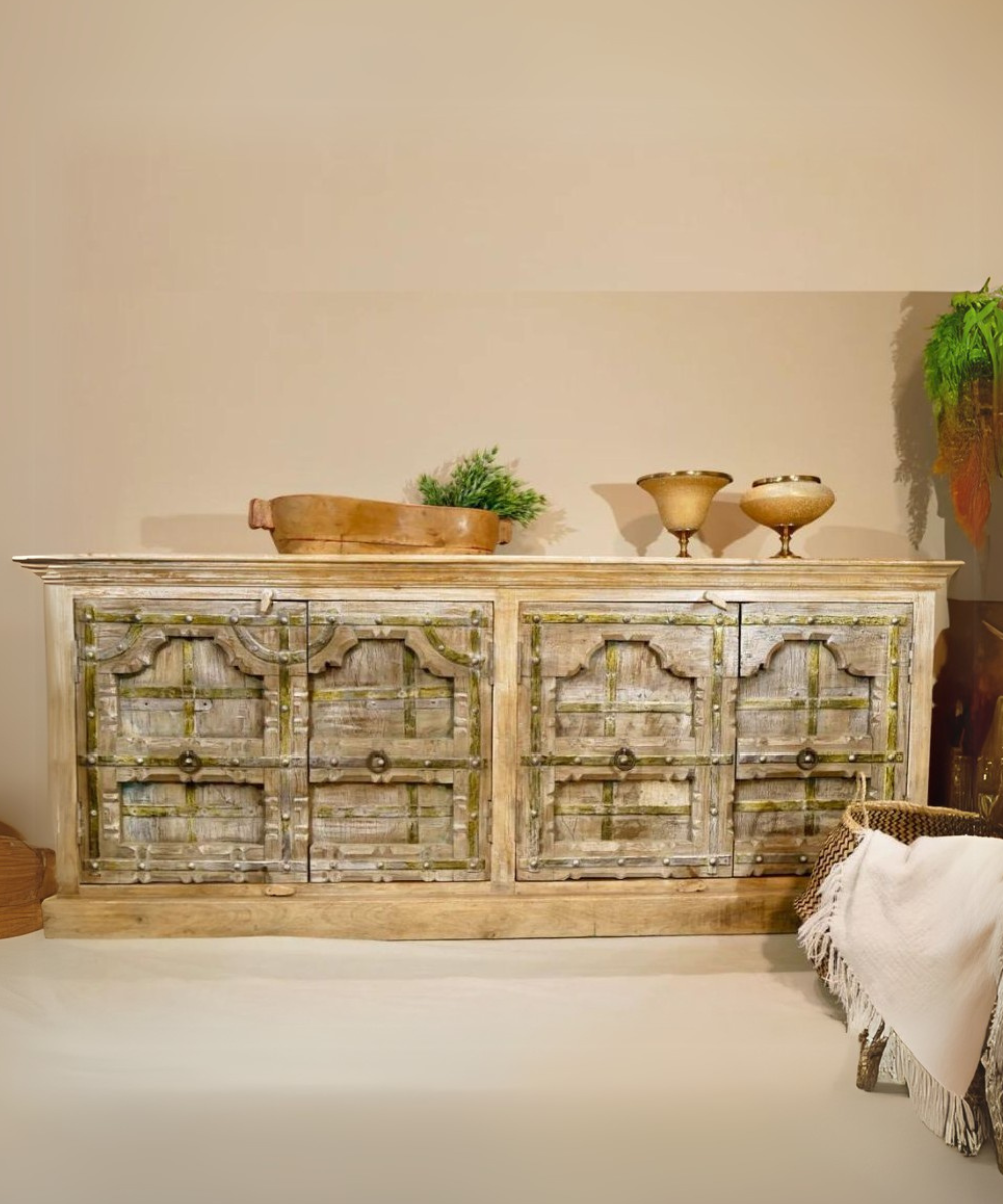 Full front view of the mango wood 4-door sideboard