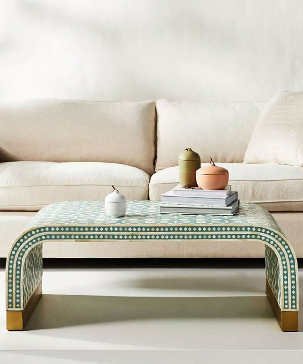 Green Bone Inlay Waterfall Coffee Table – Front View