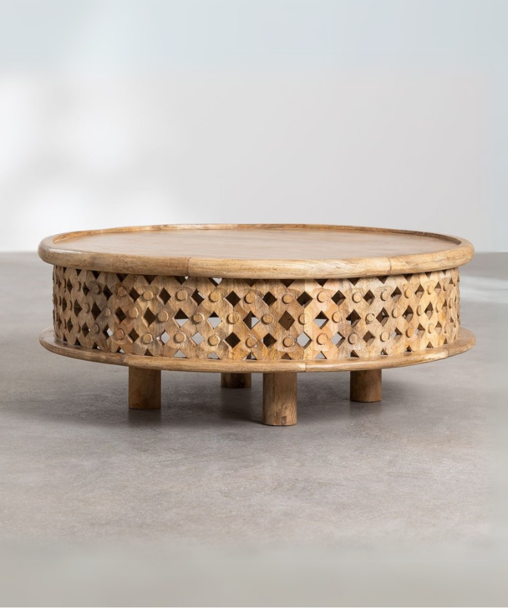 Handcarved Mango Wood Coffee Table - Front View