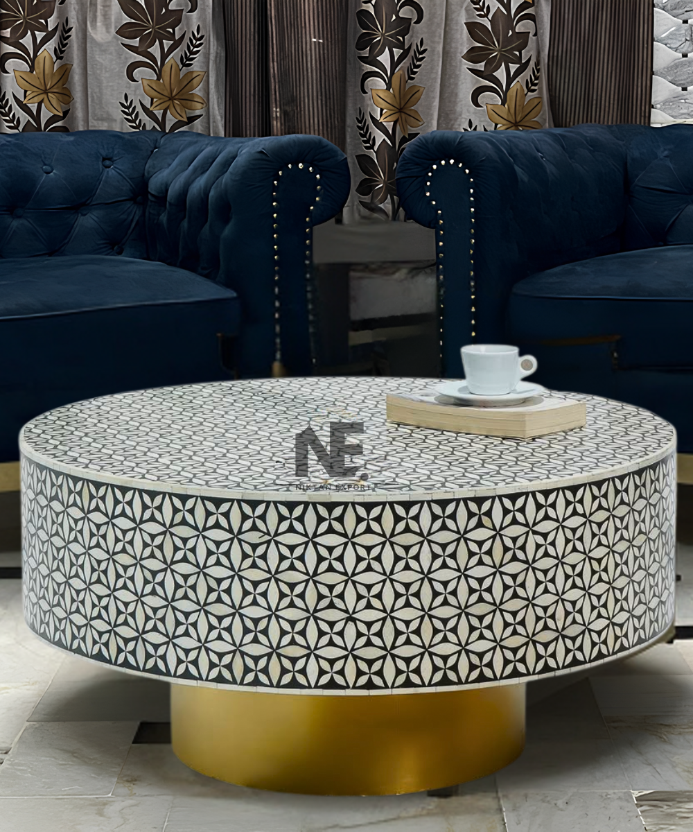 Handmade Bone Inlay Round Coffee Table – Front View