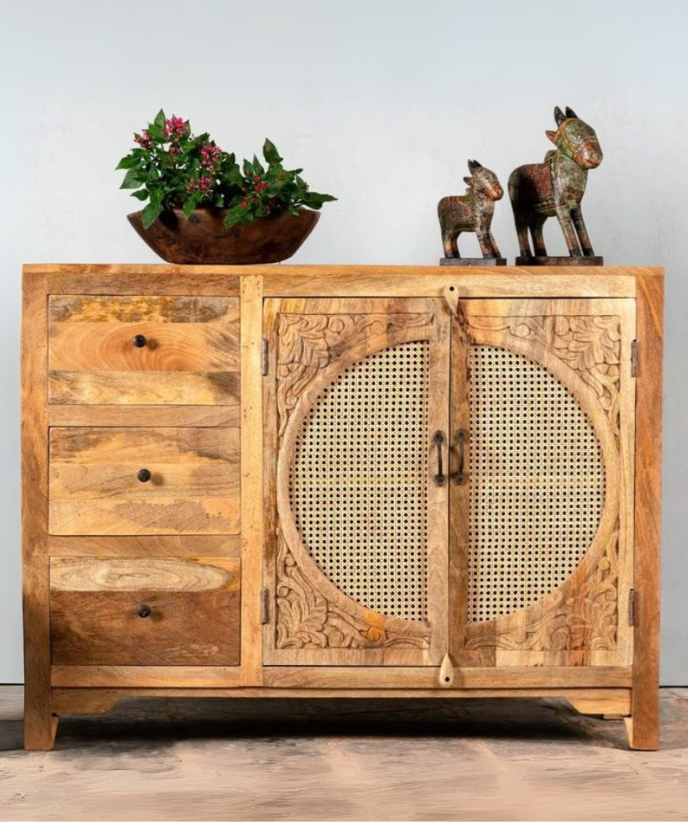 Front view of mid-century mango wood sideboard with cane