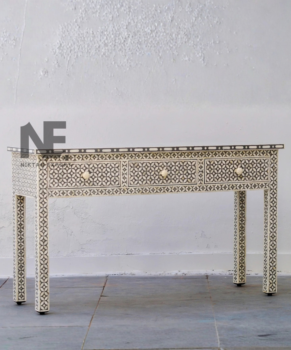 Grey bone inlay table with decorative drawer fronts
