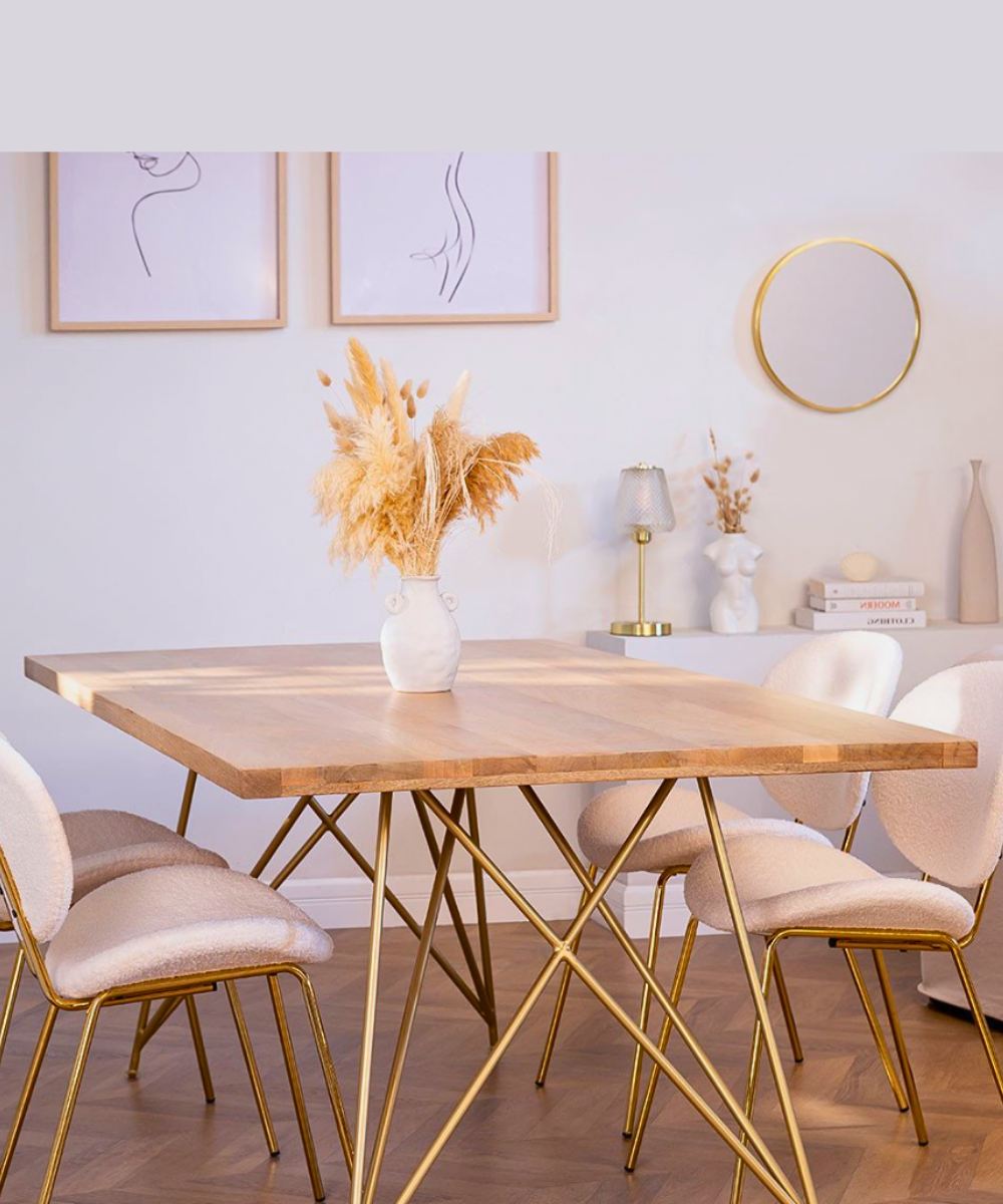 Elegant mango wood dining table with golden iron legs