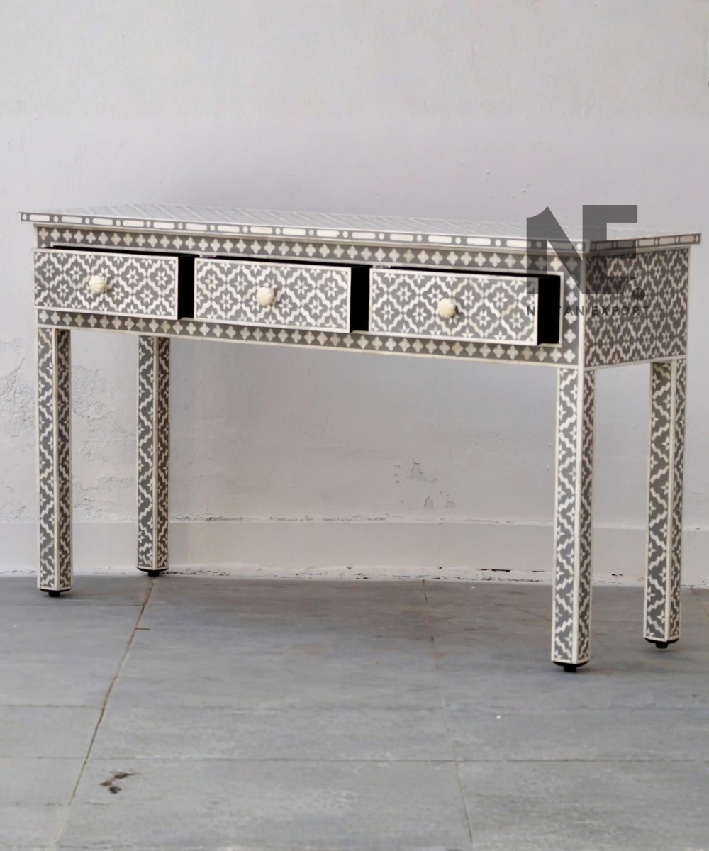 7. Ivory and grey inlay console table detail